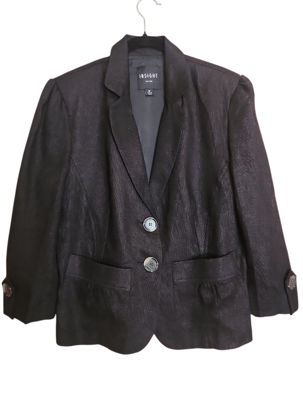 INSIGHT NEW YORK BLACK LINEN 3/4 SLEEVE BLAZER JACKET SIZE 10 LIKE NEW
